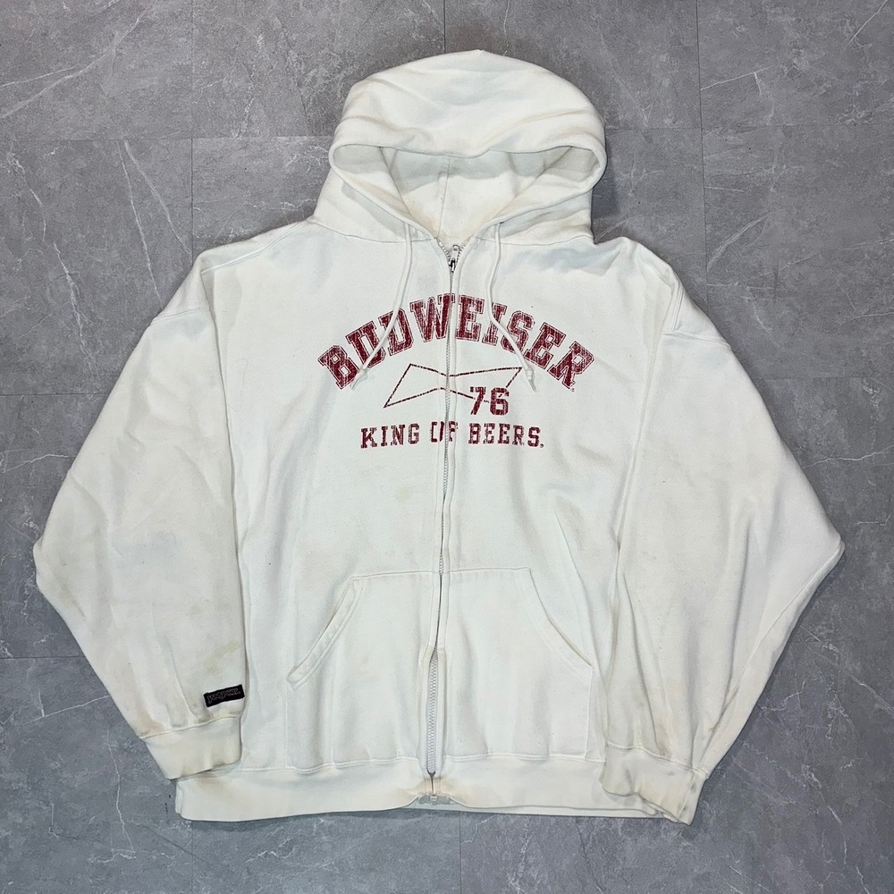 Vintage JanSport Budweiser King of Beers Zip Up Hoodie Mens XXL White Distressed
